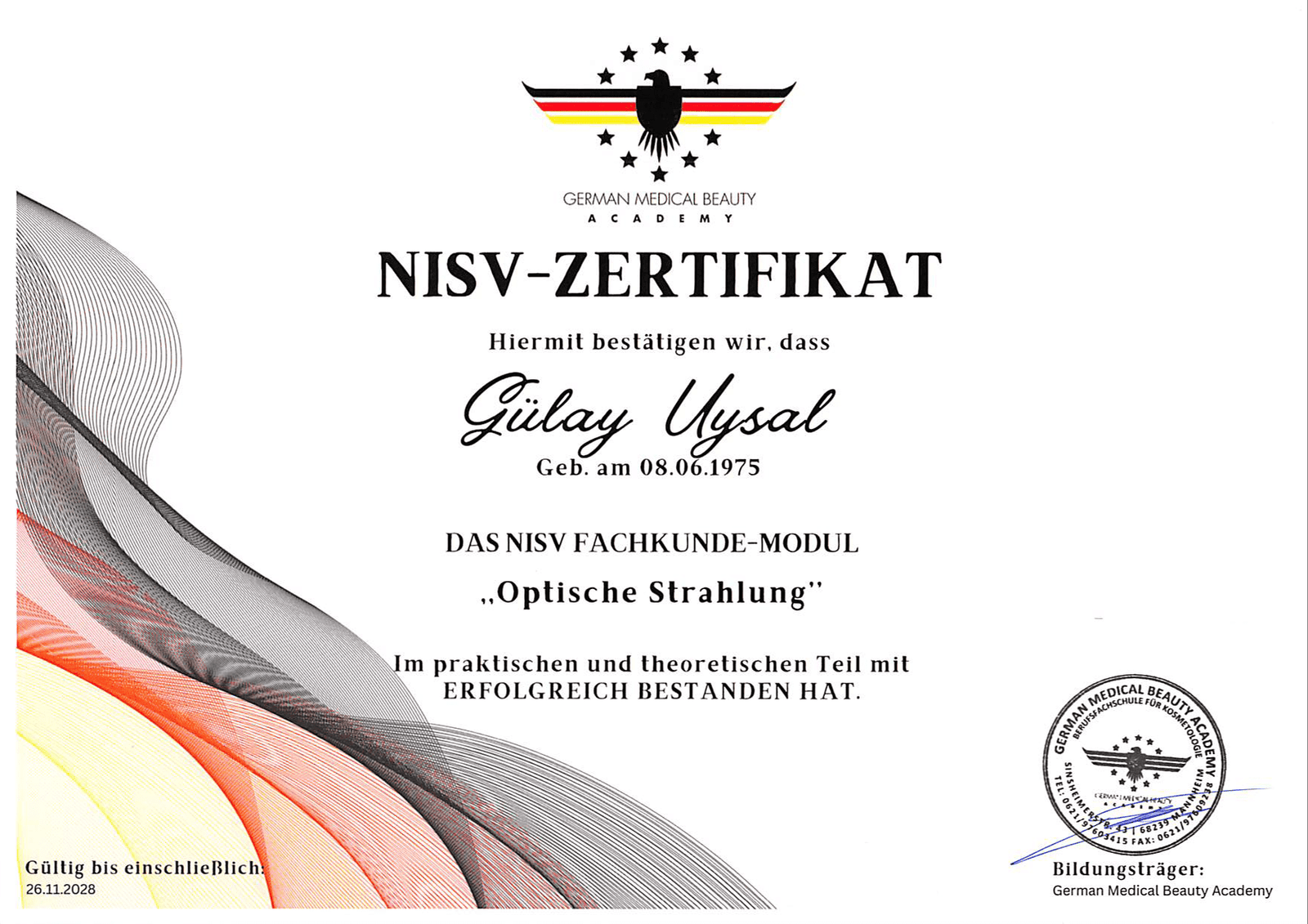 NiSV Zertifikat – Optische Strahlung, gültig bis 26.11.2028